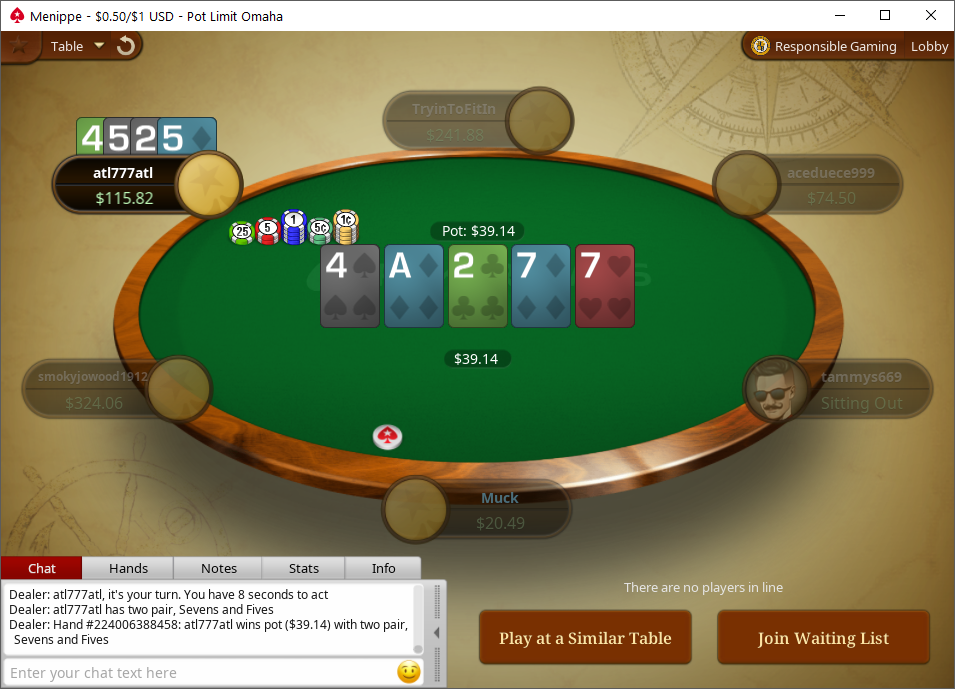 PokerStars has various theme and card design options - here sporting the Classic table theme